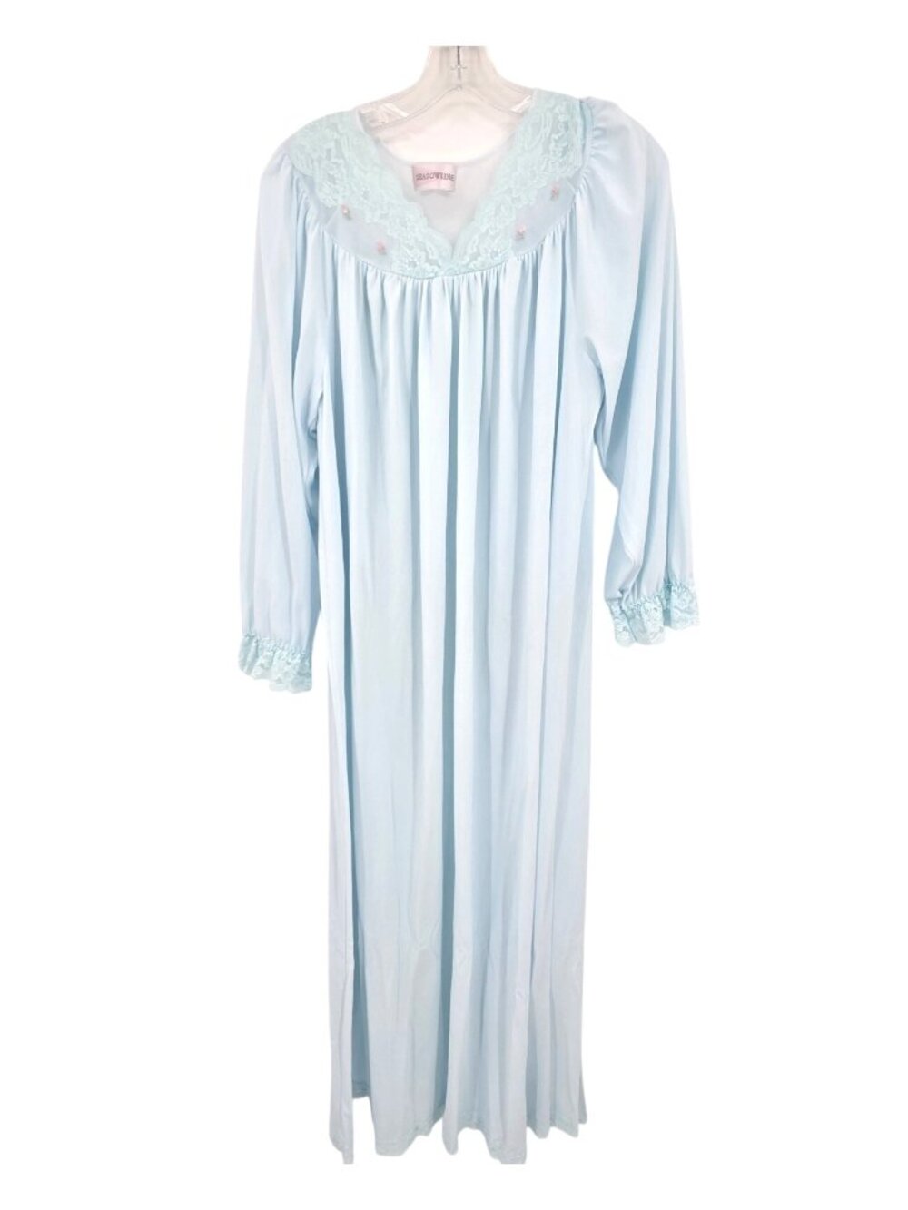 ShadowLine Long Nightgown Womens L Blue Nylon Lace Sleep Gown Retro Classic USA